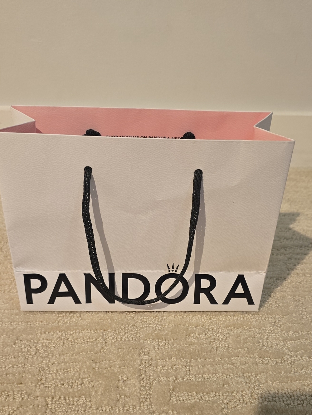 Pandora White Gift Bag with Pink Interior and Black Rope Handles